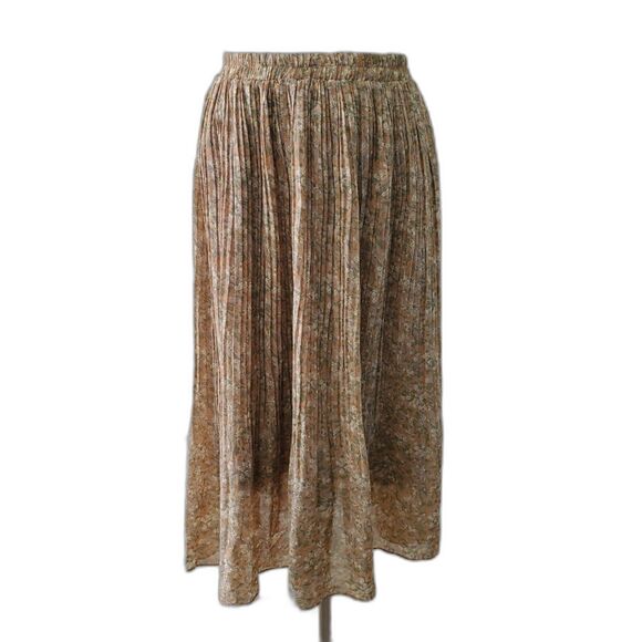 Mikarose Pleated Midi Skirt S Mocha Green Floral Patter Elastic Waist - Picture 1 of 7